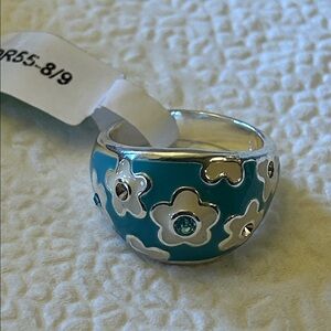 DaVinci turquoise and white enamel floral art deco silver ring Size 8/9